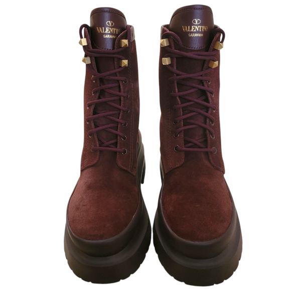 Valentino Garavani Rockstud Suede Platform Combat Boots Burgundy 39 9 - Picture 3 of 14